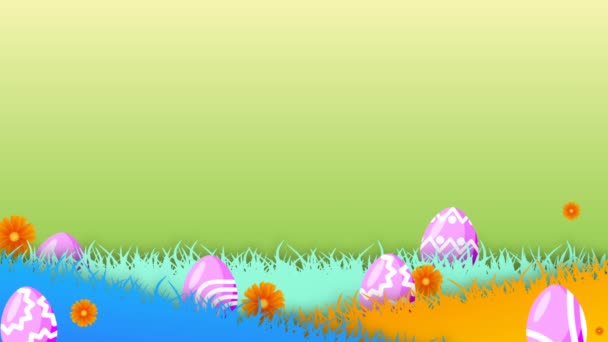 Schöne Animation Mit Hase Eier Blumen Und Gras Landen Auf — Stockvideo