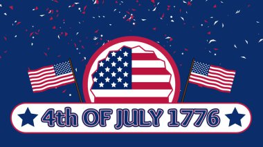 4 Temmuz 1776. Animasyon çıkartması iki bayrak kullanıyor. Bağımsızlık Günü kutlaması konsepti.