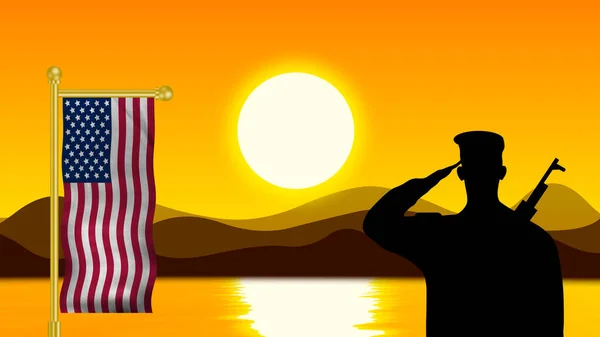 Voják Salutuje Národní Vlajce Usa Ranních Hodinách Vodorovná Vlajka Usa — Stock fotografie