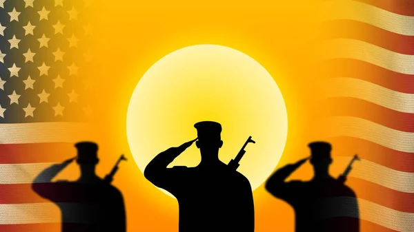 Drie Soldaten Salueren Vlag Van Amerika Bij Zonsopgang Creatief Nationaal — Stockfoto