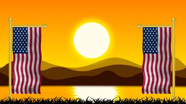 Dois Horizontal Bandeira Americana Hora Nascer Sol Imagem Conceitual Para — Fotografia de Stock