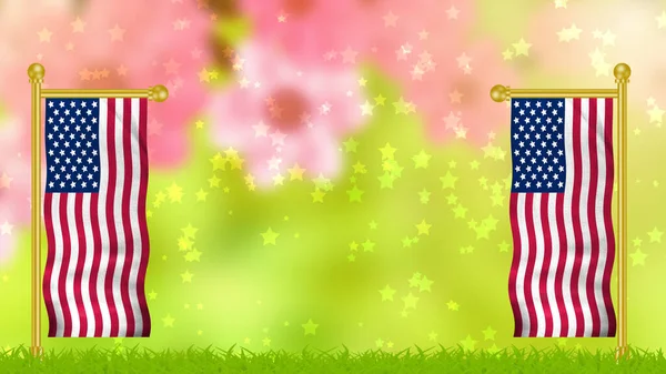 Dvě Horizontální Americké Vlajky Krásném Zeleném Rozmazaném Pozadí Koncept Image — Stock fotografie