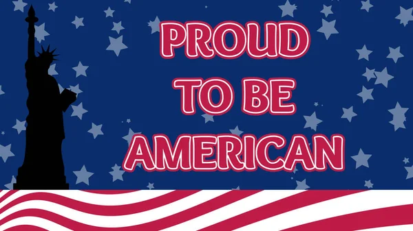Orgulhoso Ser Texto Americano Sobre Cair Estrelas Estátua Ícone Liberdade — Fotografia de Stock