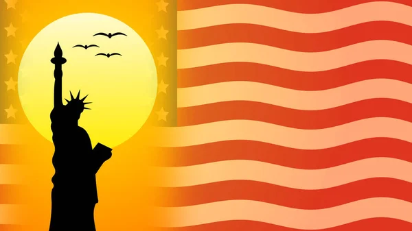 Szabadság Szobor Illusztráció Napkeltekor Repülő Madarakkal Átlátszó Nemzeti Zászlóval — Stock Fotó