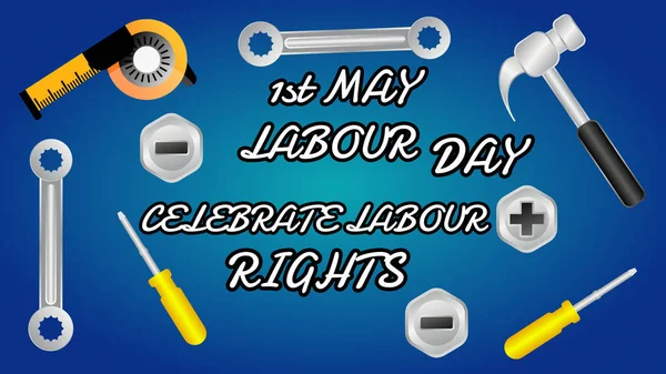 celebrate labor rights on first may creative illustration with labour tools.
