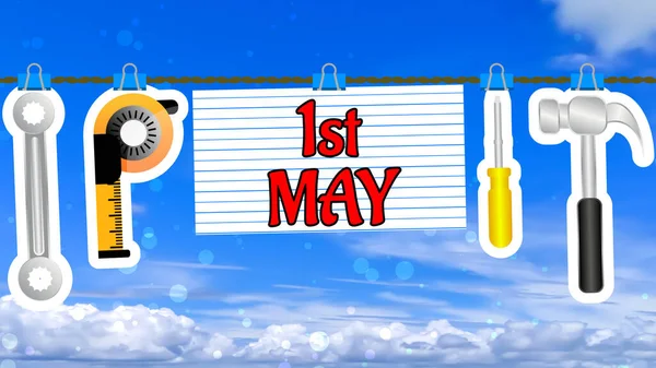 first may and hanging labour tools on sky blur background. first may labour day massage.