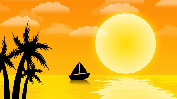 Beautiful Sunrise Scene Beach Yellow Orange Gradient Colour Boat Coconut — Stock Photo, Image