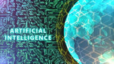 Bulanık dünyalı ve parlak devre çizgileri olan yapay zeka. Bu konsept, ai 'nin dünya çapında kısa zamanda ve sinirsel ağlarda nasıl yayıldığını gösteriyor..