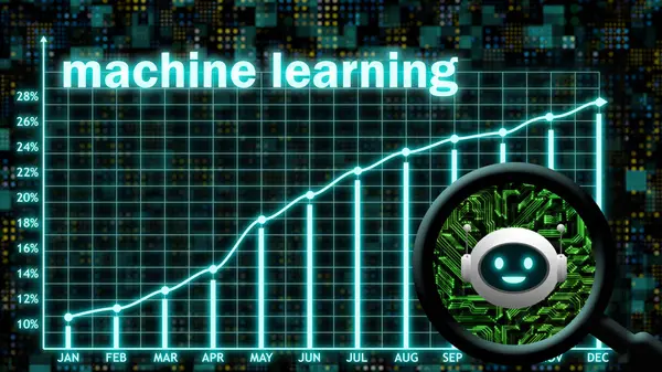 ai machine learning skills, development and engineering related graph background with robot in magnifying glass