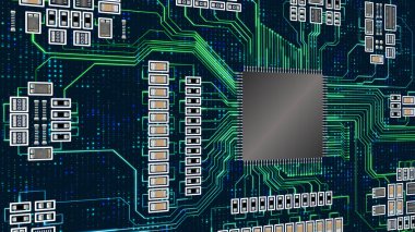 Bilgisayar kartı devresi ve elektronik cihaz yarı iletken. parlak devre çizgileri olan siyah yonga çizgili resim