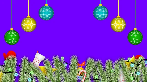 Christmas holiday decoration on purple screen. swinging Christmas Ball, light and Christmas tree leaves for Christmas celebration.