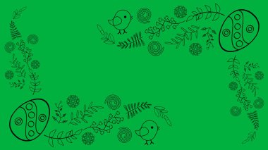 Yeşil ekranda yumurta, bitki ve kuş desenli Paskalya tasarımı. Paskalya bayramı dekorasyonu konsepti.