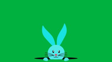 Mavi tavşan yeşil ekrandaki delik çiziminden bakıyor.