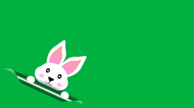 Yeşil ekranda resimli şirin beyaz tavşan. Paskalya dekorasyonu kavramı.