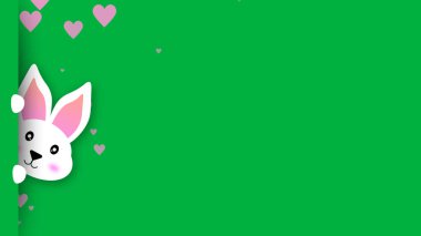 Sevimli beyaz tavşan görünüşlü ve süzülen kalp çizimi. Tavşancık Paskalya tatiline aşkını gösteriyor.