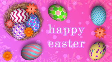 Çiçekler ve süslü paskalya yumurtaları eşliğinde rengarenk arka planda mutlu paskalya kutsamaları..