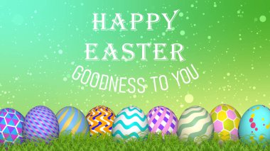 Mutlu Paskalya iyilikleri dilerim. Çimenli topraklarda süslü yumurtalarla göz zevki veren doğa arka planı. Mutlu Paskalyalar.