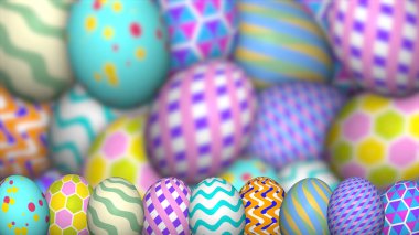 Bulanık yumurta arka planında güzel paskalya yumurtaları. Paskalya bayramı tebrikleri için boşluk kopyala.
