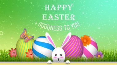 Mutlu Paskalyalar ve iyi dilekleriniz güzel ve süslü arka planda. Paskalya tatili için sevimli tavşan, süslü yumurta ve renkli çiçekler..