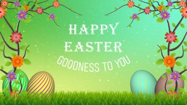 Mutlu Paskalyalar ve iyi dileklerimle süslü arka planda yumurtalar ve renkli çiçeklerle.