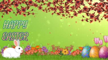 Güzel bahar manzarası ve tavşan ve süslü paskalya yumurtaları ile mutlu paskalya kutsamaları. Paskalya bayramı konsepti.