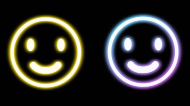 Siyah arkaplanda parlak neon ışıkta gülümseyen yüz ifadesi..