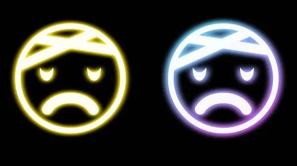 sad and head bandage emoji expression in bright neon light on black background.