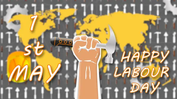 hammer holding hand and first may happy labour day with blur effect on world map. concept for celebrating international workers day.