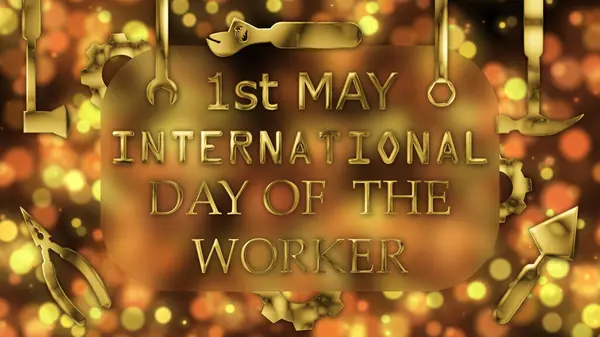 first may international day of the workers greetings for world labour day. labour tools on bukeh background.