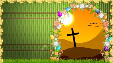 Kuşlar, güneş, haç, çiçekler ve çimlerle süslenmiş Paskalya bayramı konsepti. Paskalya tatilinin güzel animasyonu.