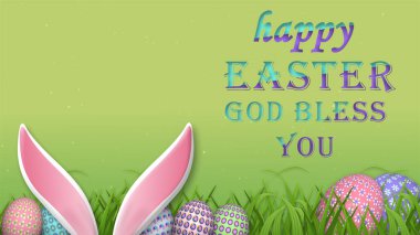 Mutlu Paskalyalar ve Tanrı sizi doğada kutsasın. Güzel tavşan kulakları, yumurtalar ve otlarla. Paskalya bayramı illüstrasyonu.