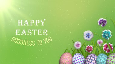 Yeşil bulanık arka planda neşeli paskalya yumurtaları ve renkli çiçeklerle mutlu Paskalyalar ve iyilikler dilerim. Paskalya bayramı tebrikleri ve kutsama resimleri.