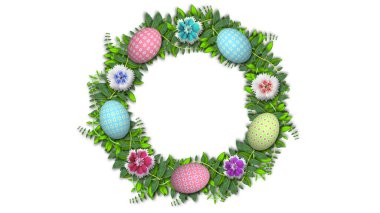 Beyaz arka planda Paskalya bayramı için güzel bir süsleme, yabani bitki yaprakları, çiçekler ve hareketli paskalya yumurtaları. Mutlu Paskalya Bayramı dekorasyonu.