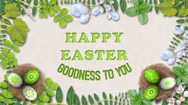 Mutlu Paskalyalar ve iyilikler. Beyaz desenli yabani bitkiler ve çiçeklerle kaplı selamlar. Kuş yuvasında yaban bitkisi temalı paskalya yumurtaları.