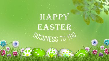 Yeşil doğa temalı Paskalya arkaplanınız kutlu olsun. Paskalya yumurtaları, çiçekler, ağaç dalları ve Paskalya kutlamalarıyla birlikte parlak güneş ışığı..