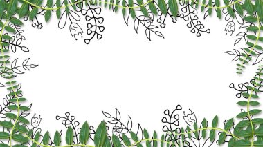 Yeşil bitki yaprakları ve hareketli siyah sınır bitkileriyle güzel bir doğa çerçevesi. vahşi tema ve dekorasyon konsepti.