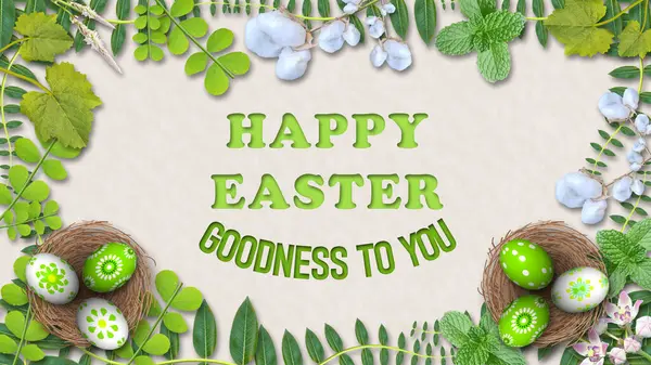 Mutlu Paskalyalar ve iyilikler. Beyaz desenli yabani bitkiler ve çiçeklerle kaplı selamlar. Kuş yuvasında yaban bitkisi temalı paskalya yumurtaları.