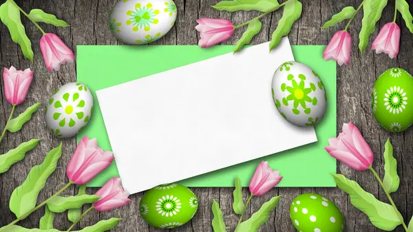 Lale çiçekleri ve dekore edilmiş paskalya yumurtaları fotokopi kağıdıyla eski ahşap tahtalar üzerinde. Paskalya kutlaması için üst görünüm canlandırması.
