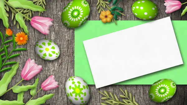Paskalya arkaplanının en üst görüntüsü süslü yumurtalar, çiçekler ve tebrik ve dilekler için boş kağıtlar. Paskalya bayramı kutlaması konsepti.