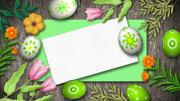 Animasyon Paskalya yumurtaları, renkli çiçekler ve eski ahşap tahtalara kopyalama kağıdı. Kutsama ve selamlama için dekore edilmiş Paskalya temasının üst görünümü.