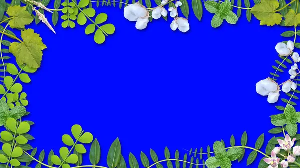 yabani bitki ve çiçek çerçevesi koyu mavi ekran üzerindeki dekorasyon ve orman teması konsepti.