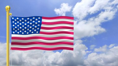 ABD bayrağı bulutlu gökyüzünde dalgalanıyor. Altın bayrak direği ve bulutlu gökyüzü sallanan güzel Amerikan bayrağı manzarası