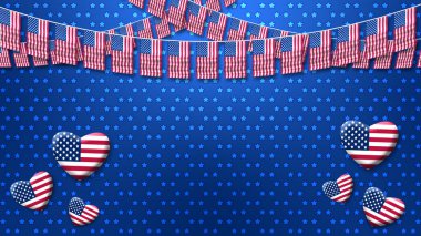 ABD ulusal bayramı ve etkinlikleri Amerika bayrağı ve kalp şekli ile dekorasyon arka planda grafiksel renk tonlarında.