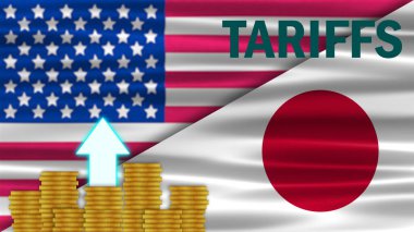 Japonya ve Amerika 'nın ulusal bayrak salladığı madeni para yığını ve gümrük tarifesi tabelasında. ABD hükümetinin yeni ticaret politikası kavramı.