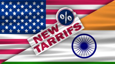 Amerika ve Hindistan 'ın ulusal bayrağını sallayan Amerikan hükümeti konseptiyle Hindistan' da yeni tarifeler. Hükümet kavramına göre ihracat kuralları ve düzenlemeleri aktar.