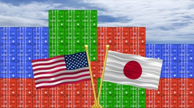 ABD ve Japonya ulusal bayrağı konteynır geçmişli animasyon sallıyor. Hükümetin iş kuralları ve düzenlemeleri ithalat ve ihracat kavramı.