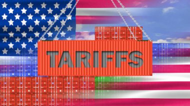 ABD bayrağının yarı saydam etkisi ve konteynır arka planında dalgalanan konteynırlarla ilgili tarifeler. ABD hükümetinin yeni ticaret politikası kavramı.