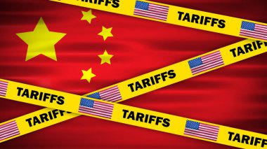 Üzerinde ABD bayrağı ve Çin bayrağı sallayan Gümrük İdaresi yazan sarı uyarı bandı. Çin 'de yeni ABD ticaret politikası kavramı.