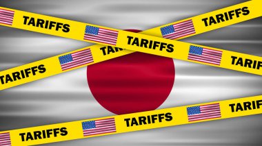 Gümrük ve Amerikan bayrağı Japonya bayrağında sarı uyarı bandı. ABD ve Japonya arasındaki ithalat ve ihracat ticaretine yeni ABD ticaret politikası etkisi kavramı.