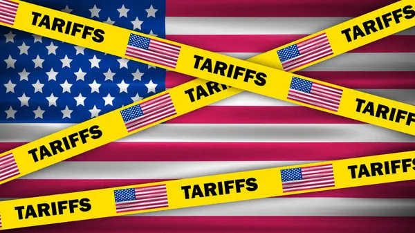 ABD bayrağı ve Tariff 'in ulusal bayrağını salladığına dair sarı uyarı bandı. ABD hükümetinin yeni ticaret politikası.